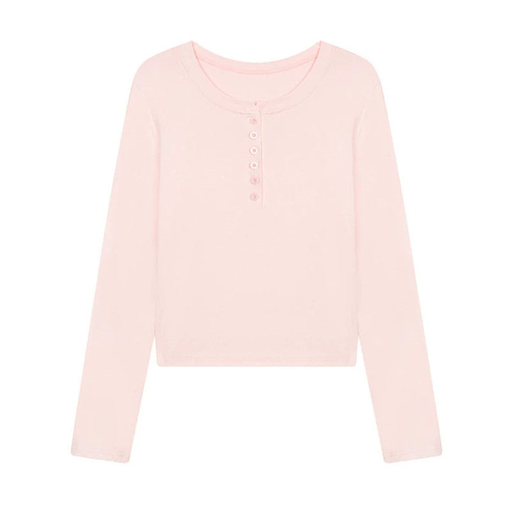 Damen Kurz geschnittenes Henley Langarmshirt aus Baumwolljersey mit Knopfleiste Drune