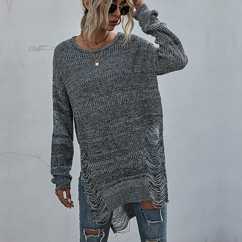 Damen Lässiger Strickpullover mit Fransen Drune