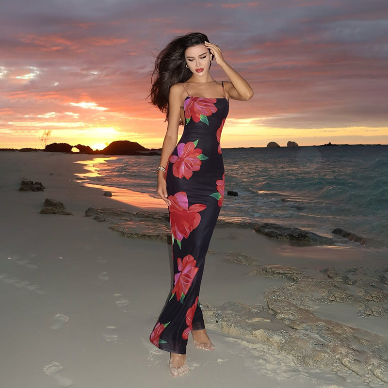 Damen figurbetontes Maxikleid mit floralen Akzenten und schmalen Spaghetti-Trägern Drune