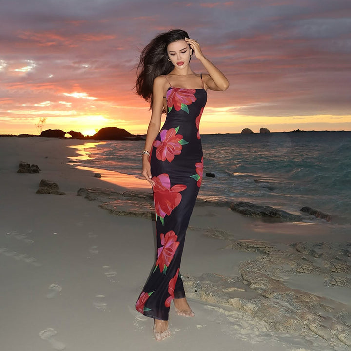 Damen figurbetontes Maxikleid mit floralen Akzenten und schmalen Spaghetti-Trägern Drune