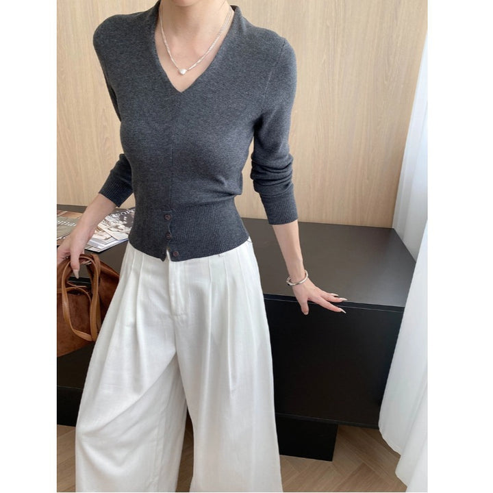 Damen feiner V-Ausschnitt Strickpullover mit Knopfleiste und schmalem Schnitt Drune