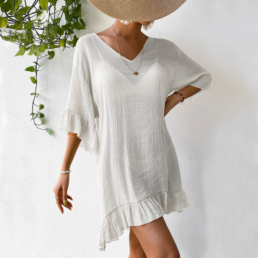 Damen lässiges Strandkleid mit V-Ausschnitt und Rüschensäumen Drune
