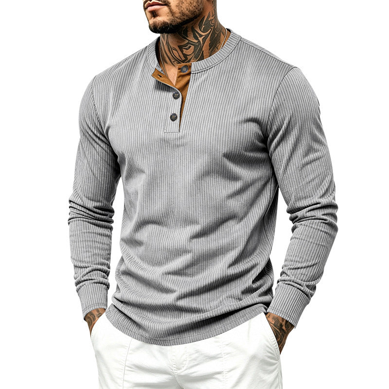 Herren Geripptes Henley-Langarmshirt aus Feinstrick mit Stehkragen und Knopfleiste Drune