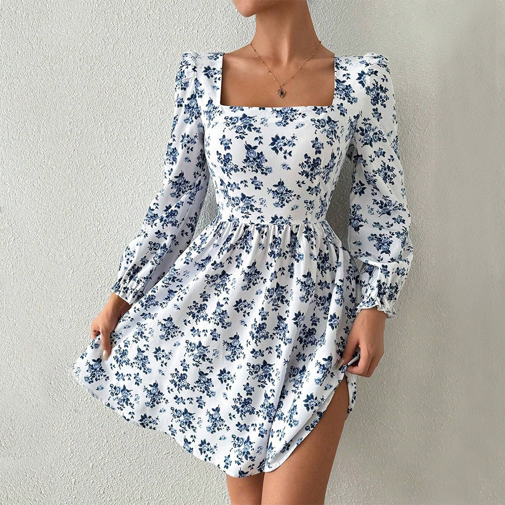 Damen florales Minikleid mit quadratischem Ausschnitt tailliertem Schößchen und langen Puffärmeln Drune