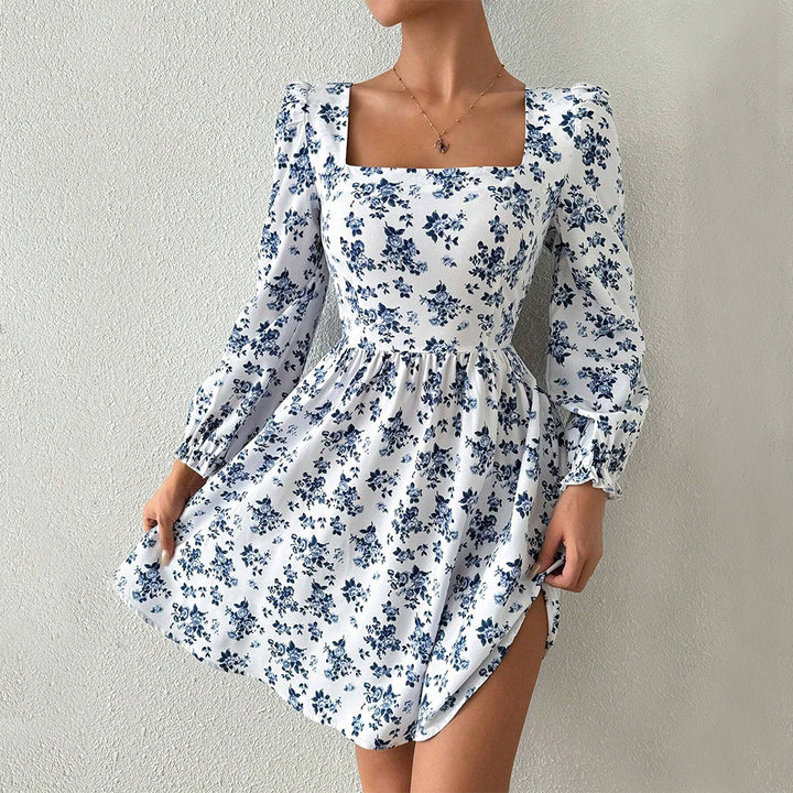 Damen florales Minikleid mit quadratischem Ausschnitt tailliertem Schößchen und langen Puffärmeln Drune