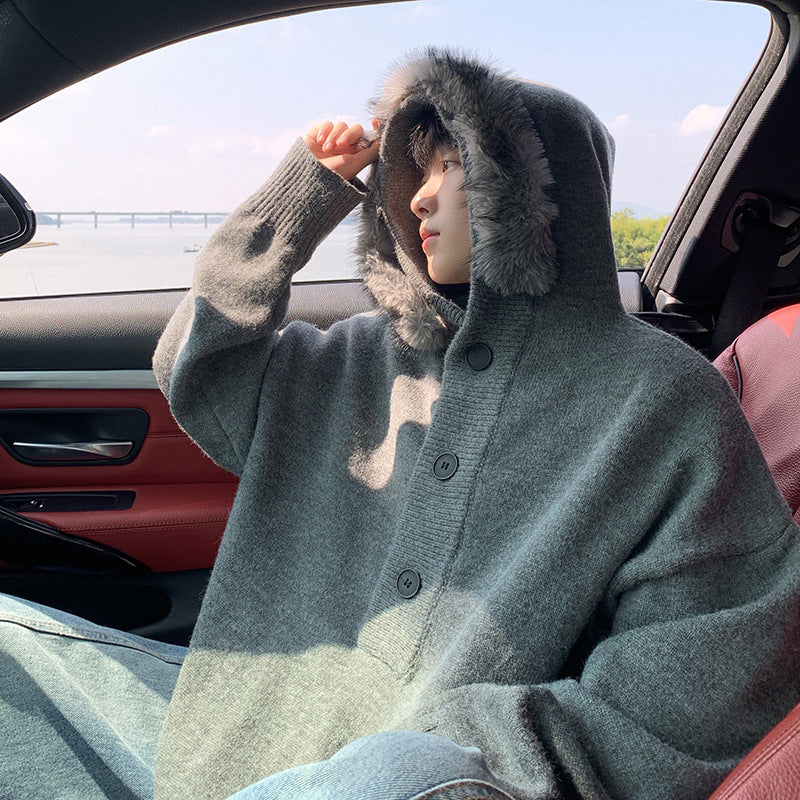 Damen Oversized Hoodie mit Kapuze und Fellrand Drune