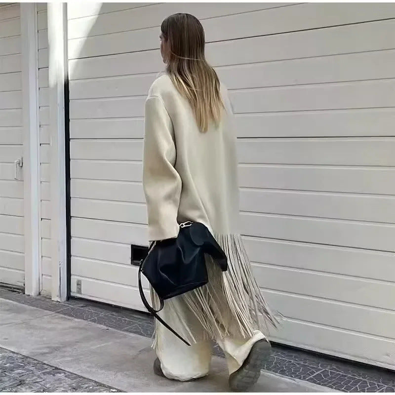 Damen 10+ langer Oversize‑Mantel mit Fransenbesatz und kastiger Silhouette Drune