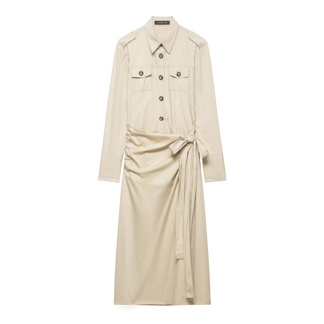 Damen Hemdblusenkleid im Utility‑Stil mit Taillen‑Wickel und Pattentaschen Drune