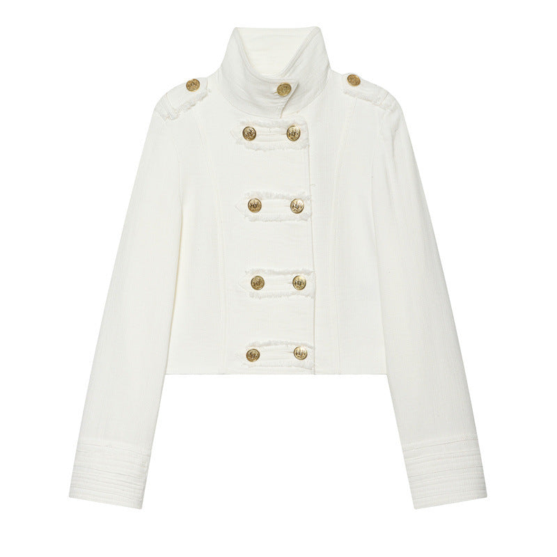 Damen Cropped Militärblazer mit Stehkragen, Epauletten und dekorativer Zierknopfleiste Drune