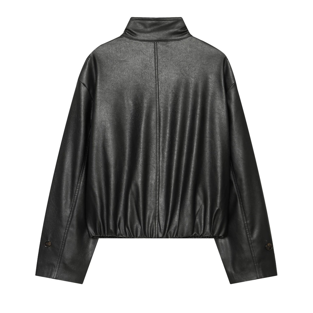 Damen Cropped Kunstleder‑Blousonjacke mit Funnelkragen, Epauletten und elastischem Saum Drune