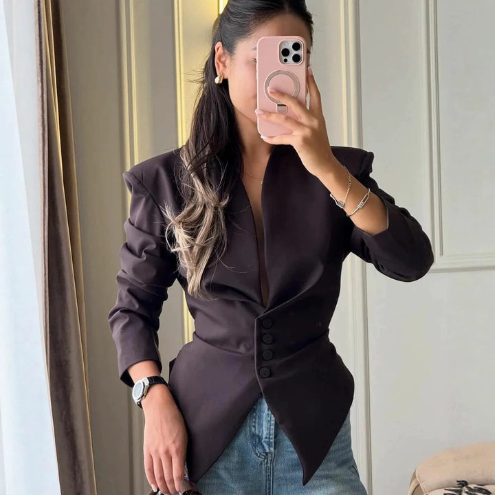 Damen Taillierter Blazer mit spitz zulaufendem Saum und tiefem V-Ausschnitt Drune