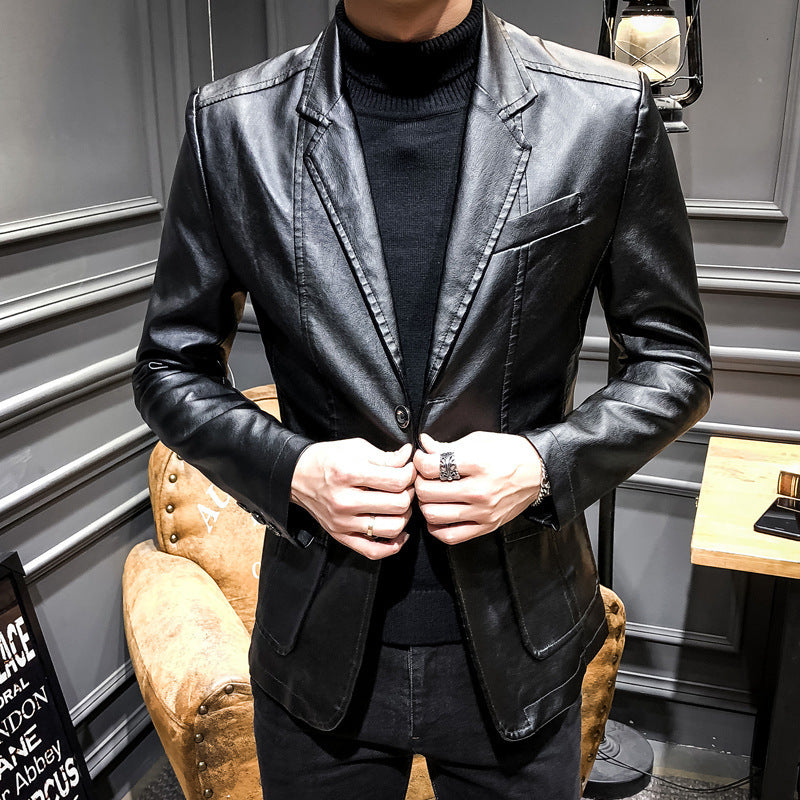 Herren Lässiges Slim-Fit Kunstleder-Sakko mit Reverskragen und aufgesetzten Taschen Drune