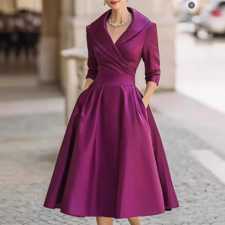 Damen Elegantes Satin-Midikleid mit Wickeloberteil, mittellangen Ärmeln und Eingrifftaschen Drune
