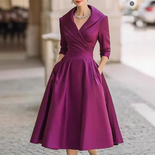Damen Elegantes Satin-Midikleid mit Wickeloberteil, mittellangen Ärmeln und Eingrifftaschen Drune