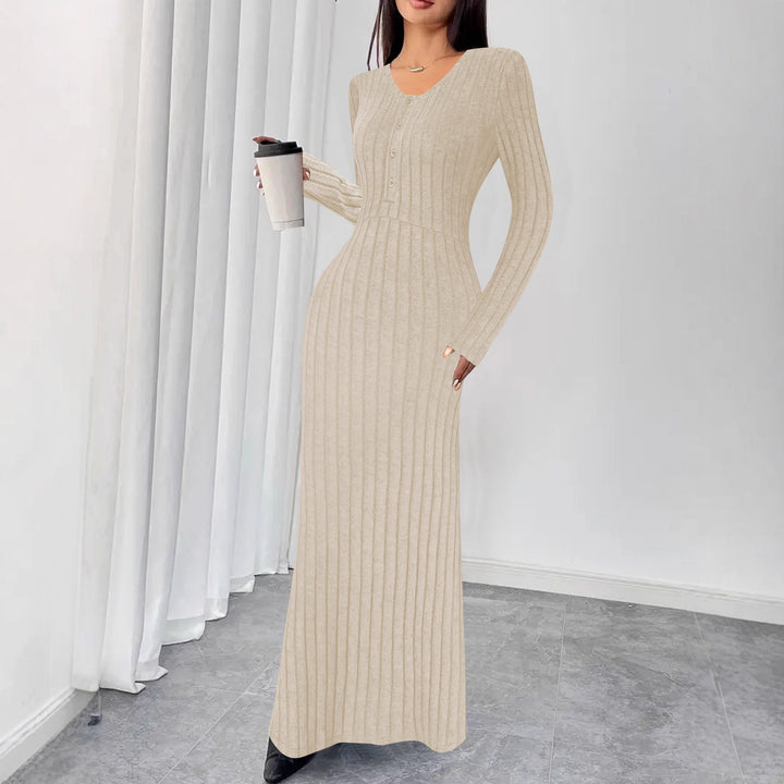 Damen Geripptes Maxi-Strickkleid mit Taillennaht und Knopfleiste Drune