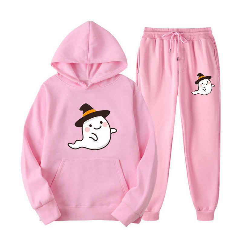 Unisex nan kuscheliger Kapuzenpullover und Jogginghose Set mit Halloween-Geistprint Drune