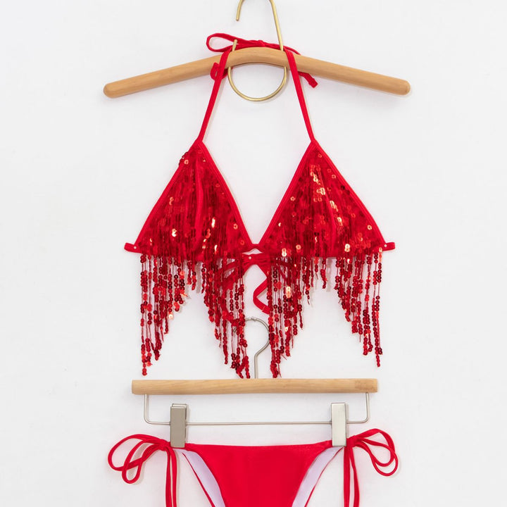 Damen Bikini-Set mit glitzernden Pailletten und verspielten Bindebändern Drune