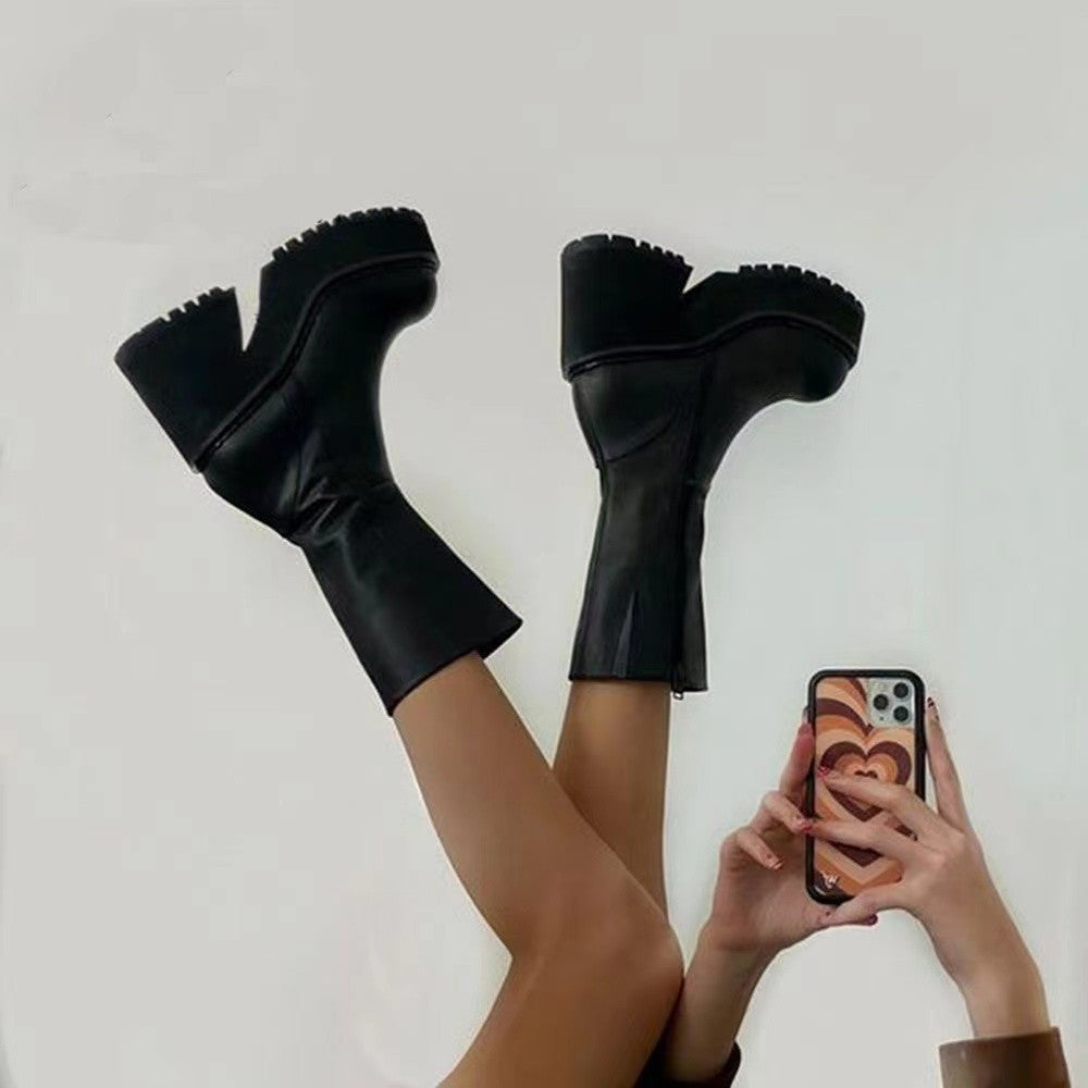 Damen Plateau-Stiefel mit hohem Blockabsatz und modischem Reißverschluss Drune