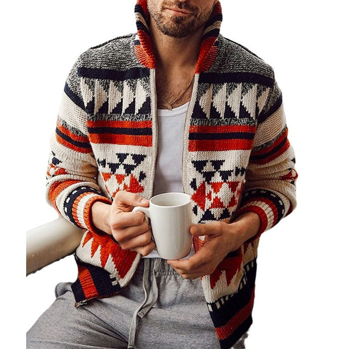 Herren Strickjacke mit geometrischem Muster und hoher Kragen Drune