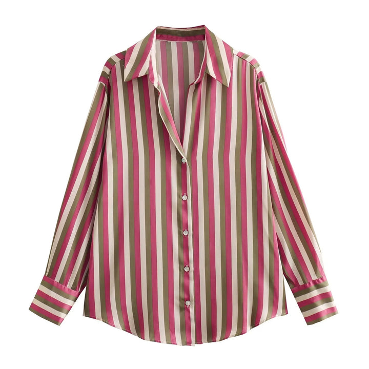 Damen Oversized Satinbluse mit Hemdkragen und breiten Manschetten Drune