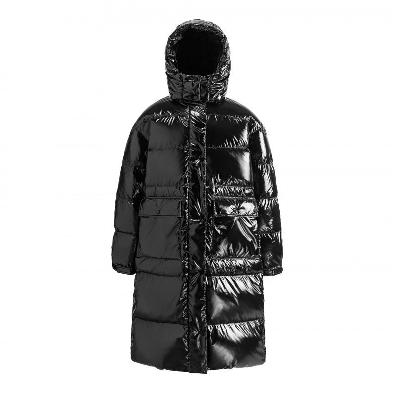 Damen langer glänzender gesteppter Puffer-Mantel mit Kapuze, Utility-Taschen und Oversize-Silhouette Drune
