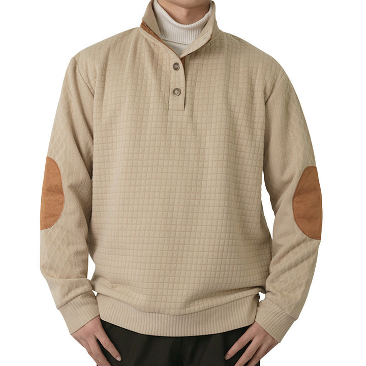 Herren Waffelstrick-Halbzip-Pullover mit Stehkragen Lederbesatz und Ellbogenpatches Drune