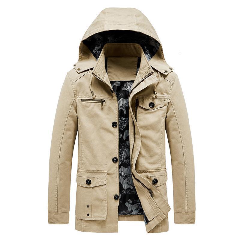 Herren mittellange Canvas-Fieldjacke mit Kapuze, Cargo‑Taschen und Camouflage‑Innenfutter Drune