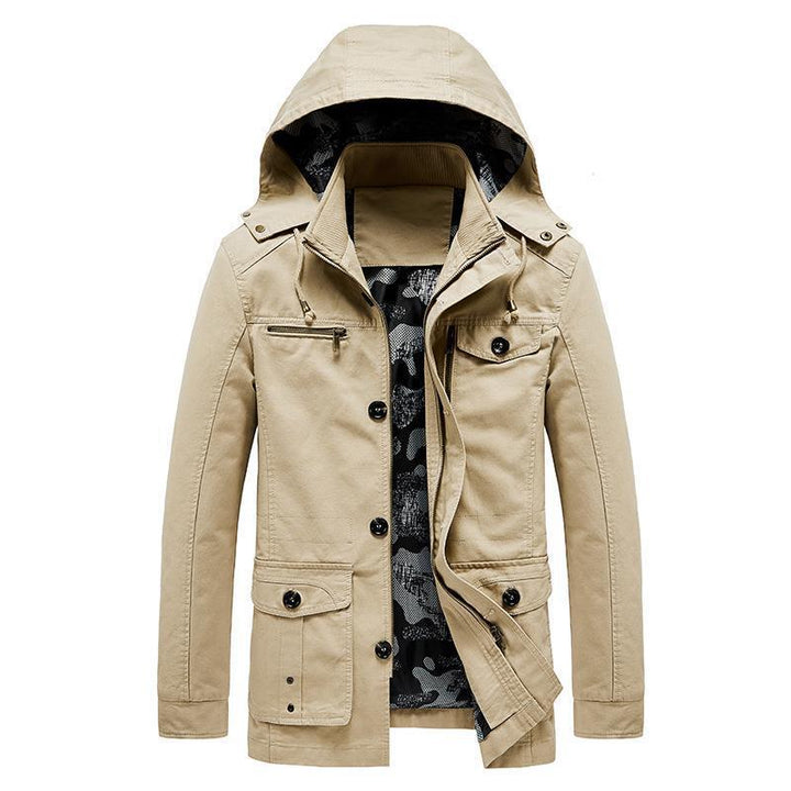 Herren mittellange Canvas-Fieldjacke mit Kapuze, Cargo‑Taschen und Camouflage‑Innenfutter Drune