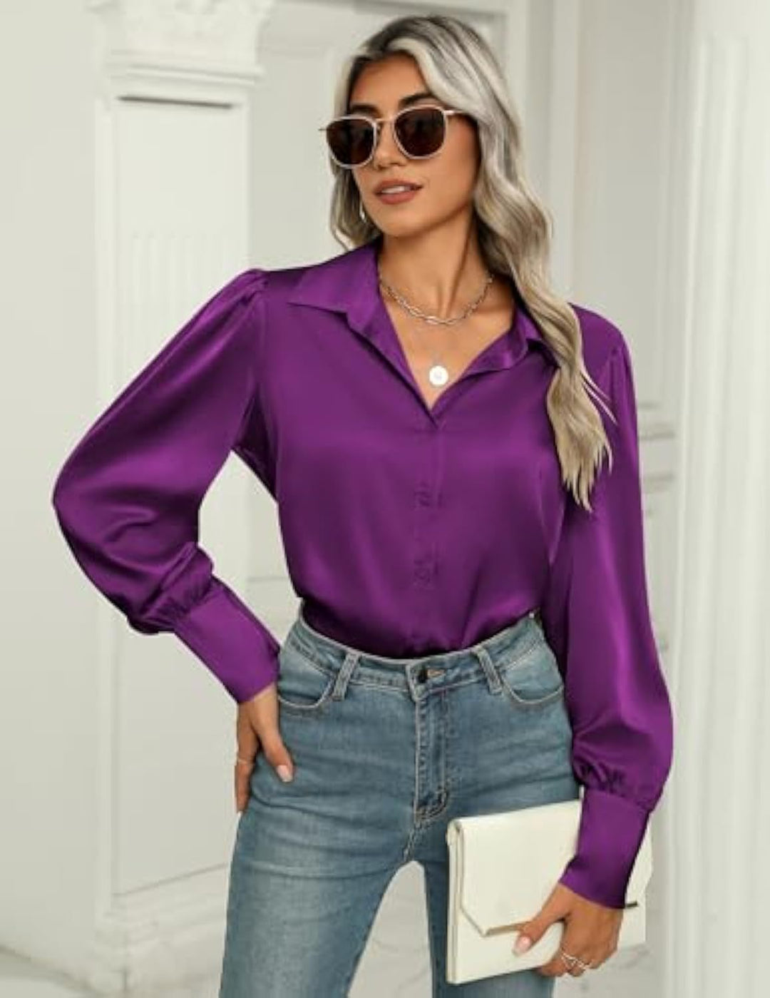 Damen Seidenoptik-Bluse mit Hemdkragen, verdeckter Knopfleiste und langen Manschetten Drune
