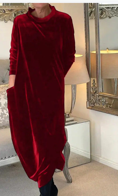 Damen Elegantes Samt Maxi Kleid mit Hohem Rollkragen, Seitentaschen und Lockere Silhouette Drune