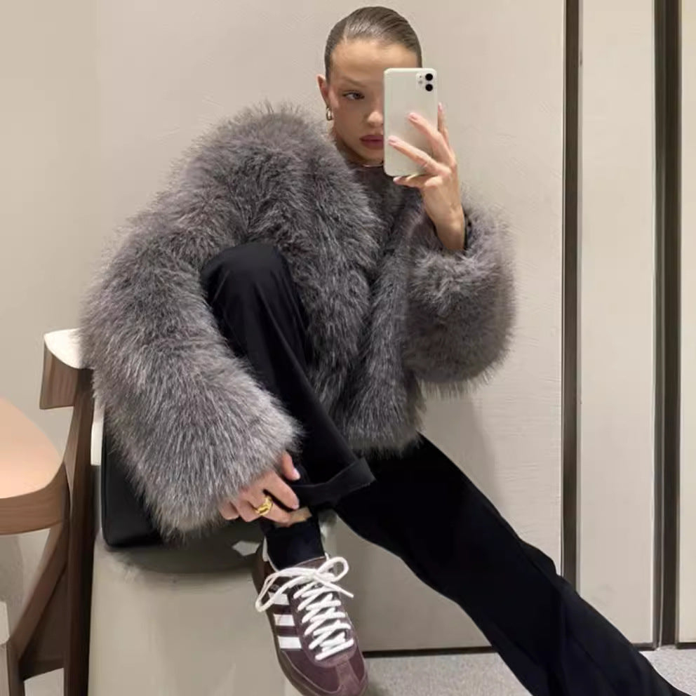 Damen Modische und flauschige Jacke mit weitem Schnitt Drune