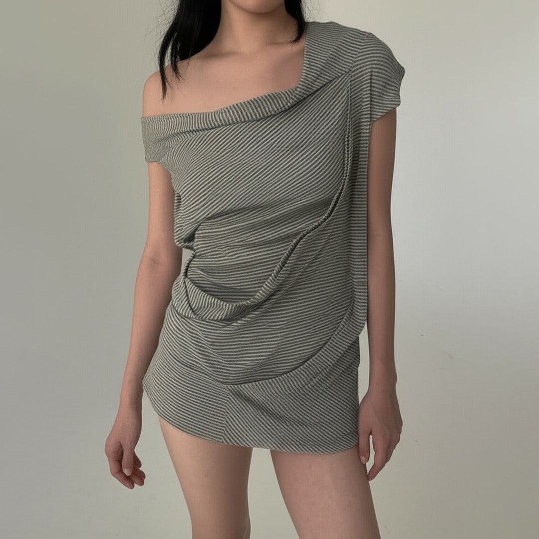 Damen asymmetrisches Kurzarm-Oberteil mit Streifenmuster und innovativem Design Drune
