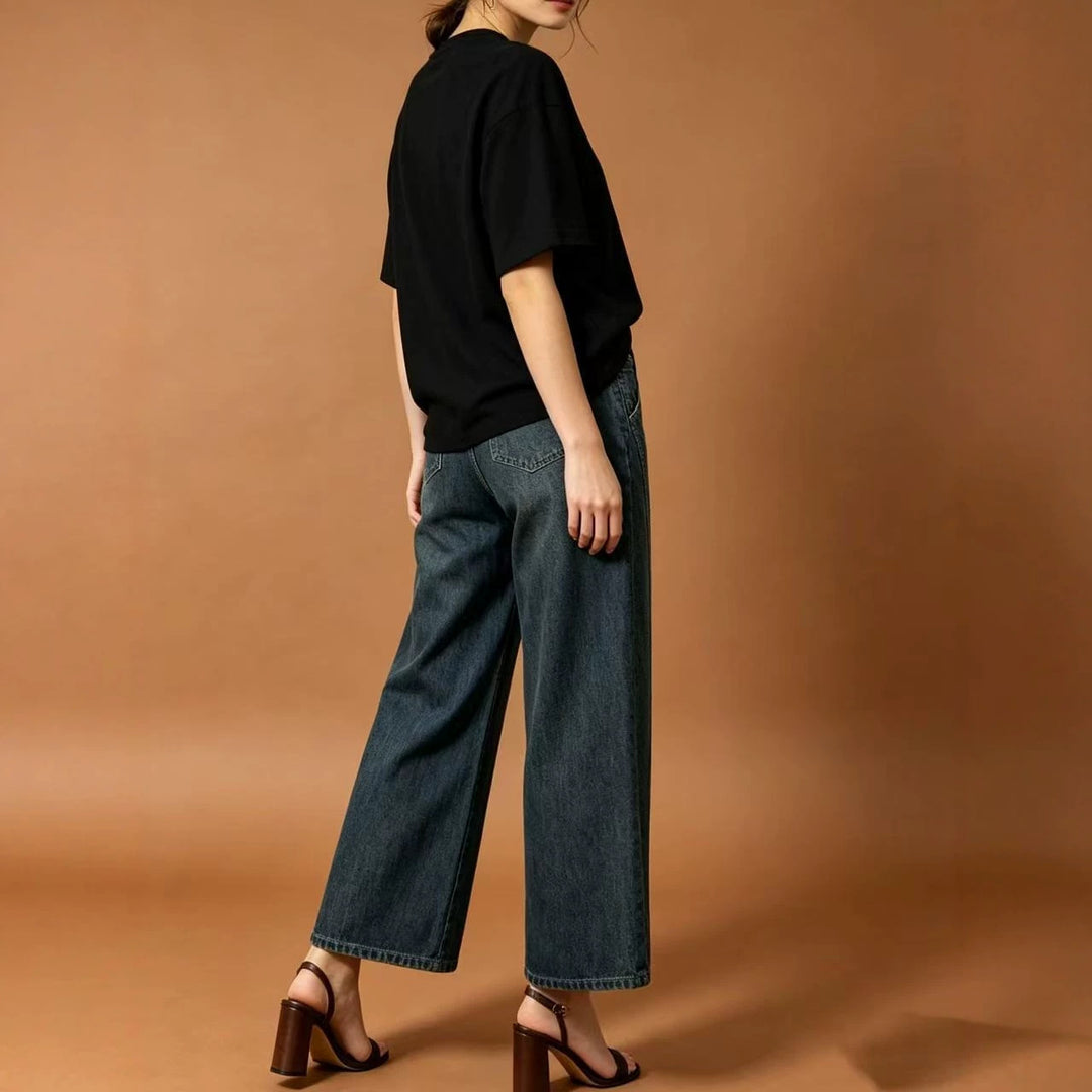 Damen nan hohe Taille Plissée Wide-Leg-Denimhose mit verkürztem Bein und dekorativen Vorderfalten Drune