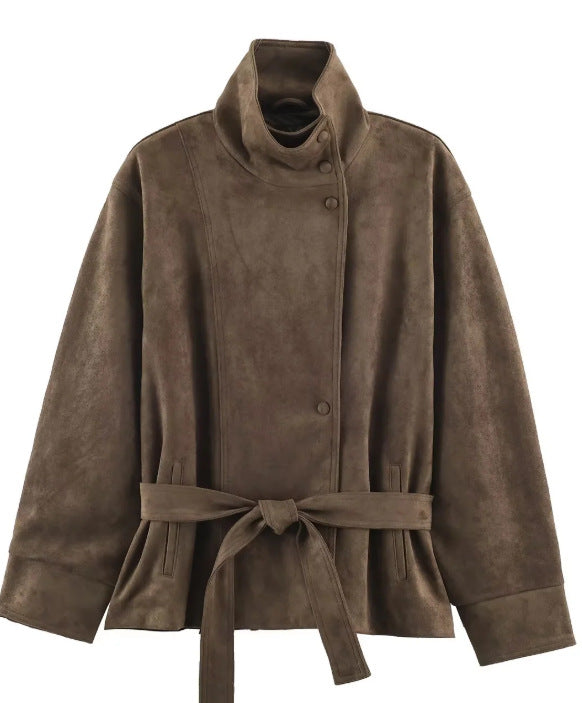 Damen Veloursleder-Optikjacke mit hohem Stehkragen und Taillengürtel Drune