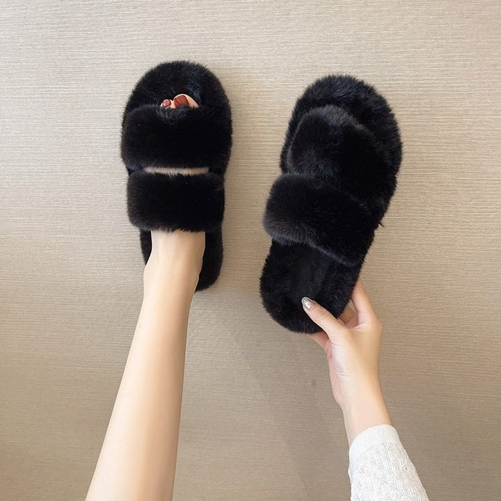 Damen Flauschige Hausschuhe mit doppeltem Riemen und weichem Innenfutter Drune