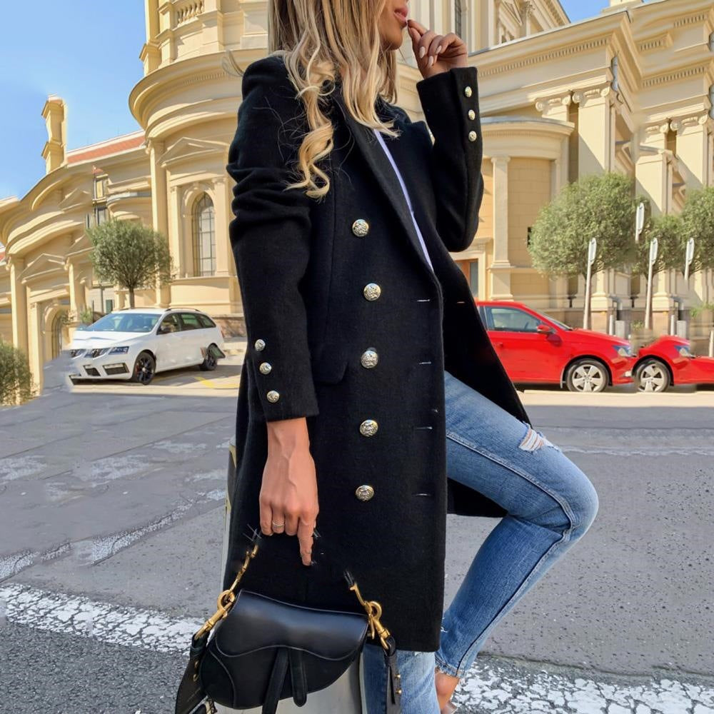 Damen Eleganter Doppelreihiger Blazer-Mantel mit hochwertigen Knöpfen Drune