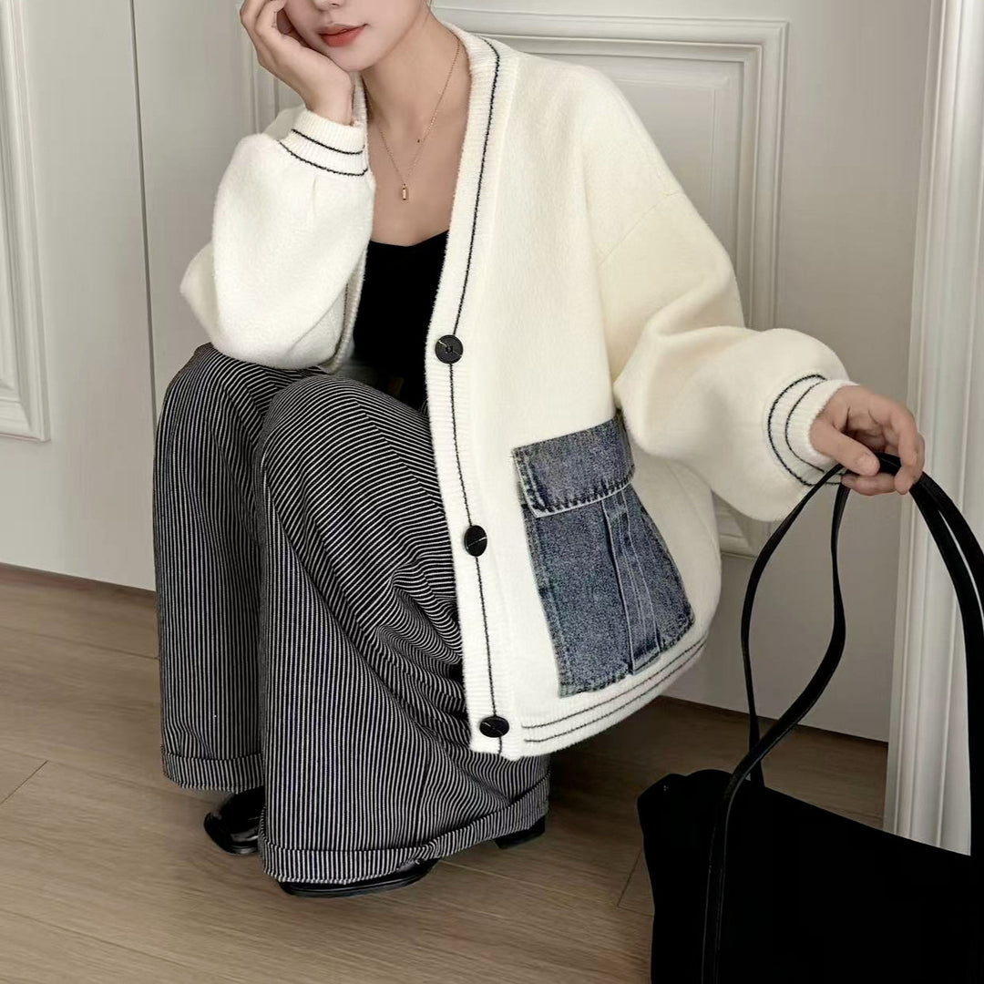 Damen modische Strickjacke mit Denim-Details Drune