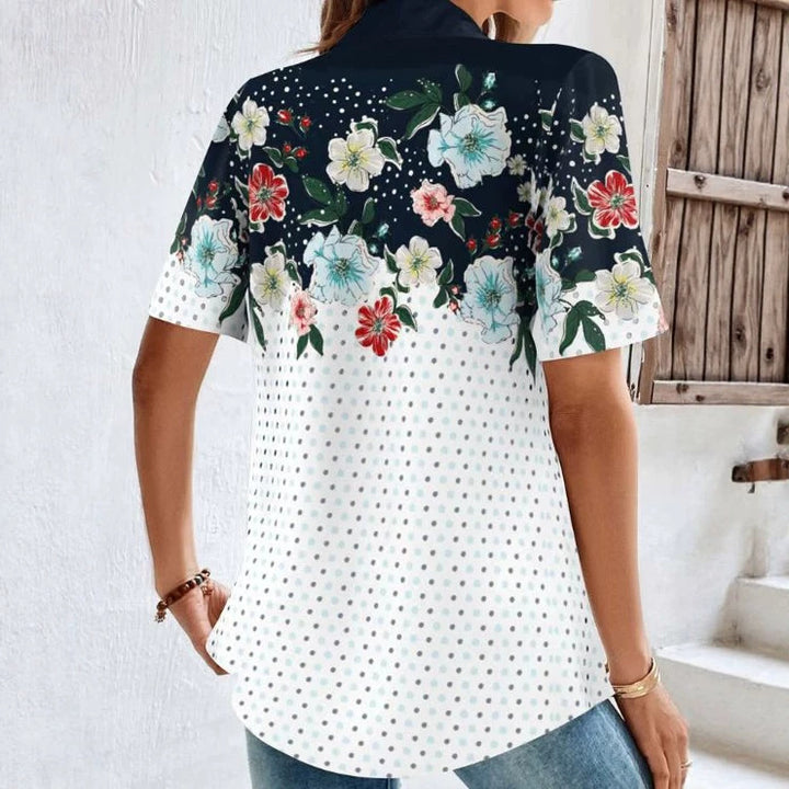 Damen nan Kurzarm-Polokragen-Tunika mit floralem Passe und Allover-Pünktchenprint Drune