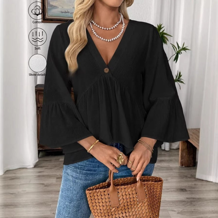 Damen nan elegante Empire-Bluse mit V-Ausschnitt, geraffter Brustnaht und Glockenärmeln Drune