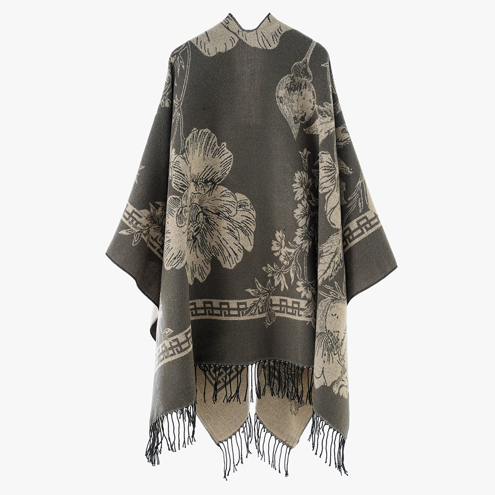 Damen Leichter Jacquard‑Poncho mit floralem Allovermuster, asymmetrischem Zipfelsaum und Fransen Drune