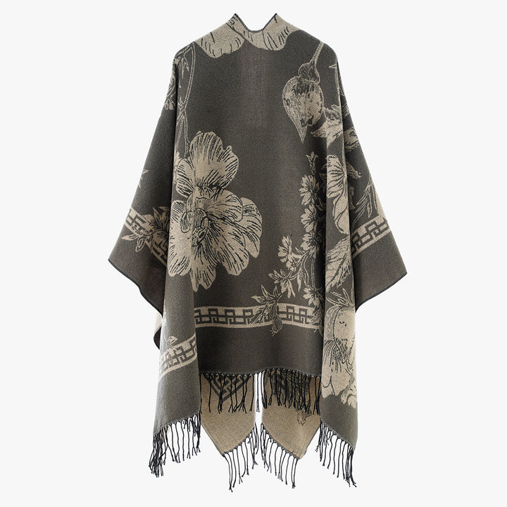 Damen Leichter Jacquard‑Poncho mit floralem Allovermuster, asymmetrischem Zipfelsaum und Fransen Drune