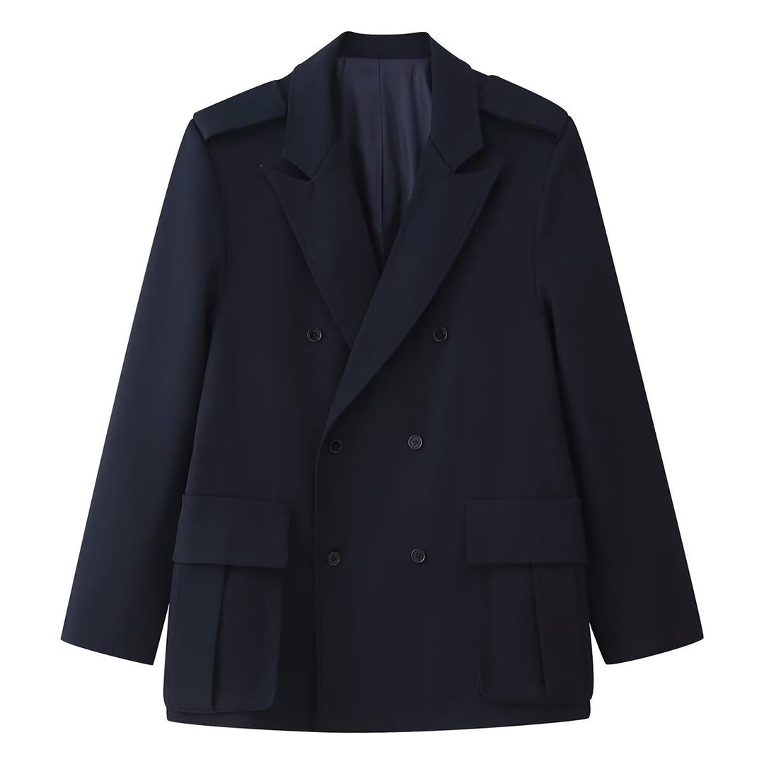 Damen Doppelreihiger Oversize-Blazer-Mantel mit Epauletten und großen Klappentaschen Drune