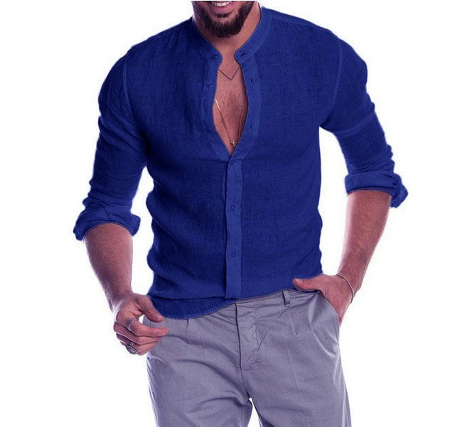 Herren nan Leinenhemd mit Stehkragen, durchgehender Knopfleiste und legerer Slim-Fit-Passform Drune