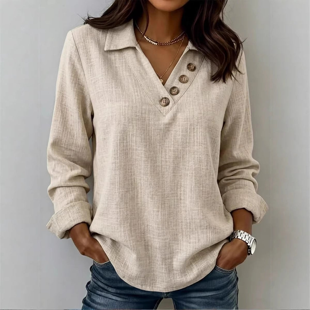 Damen Lässiges V-Ausschnitt-Blusenshirt mit Hemdkragen und asymmetrischer Zierknopfleiste Drune