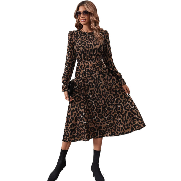 Damen elegantes Maxikleid mit modernem Leopardenmuster und nostalgischen Puffärmeln Drune