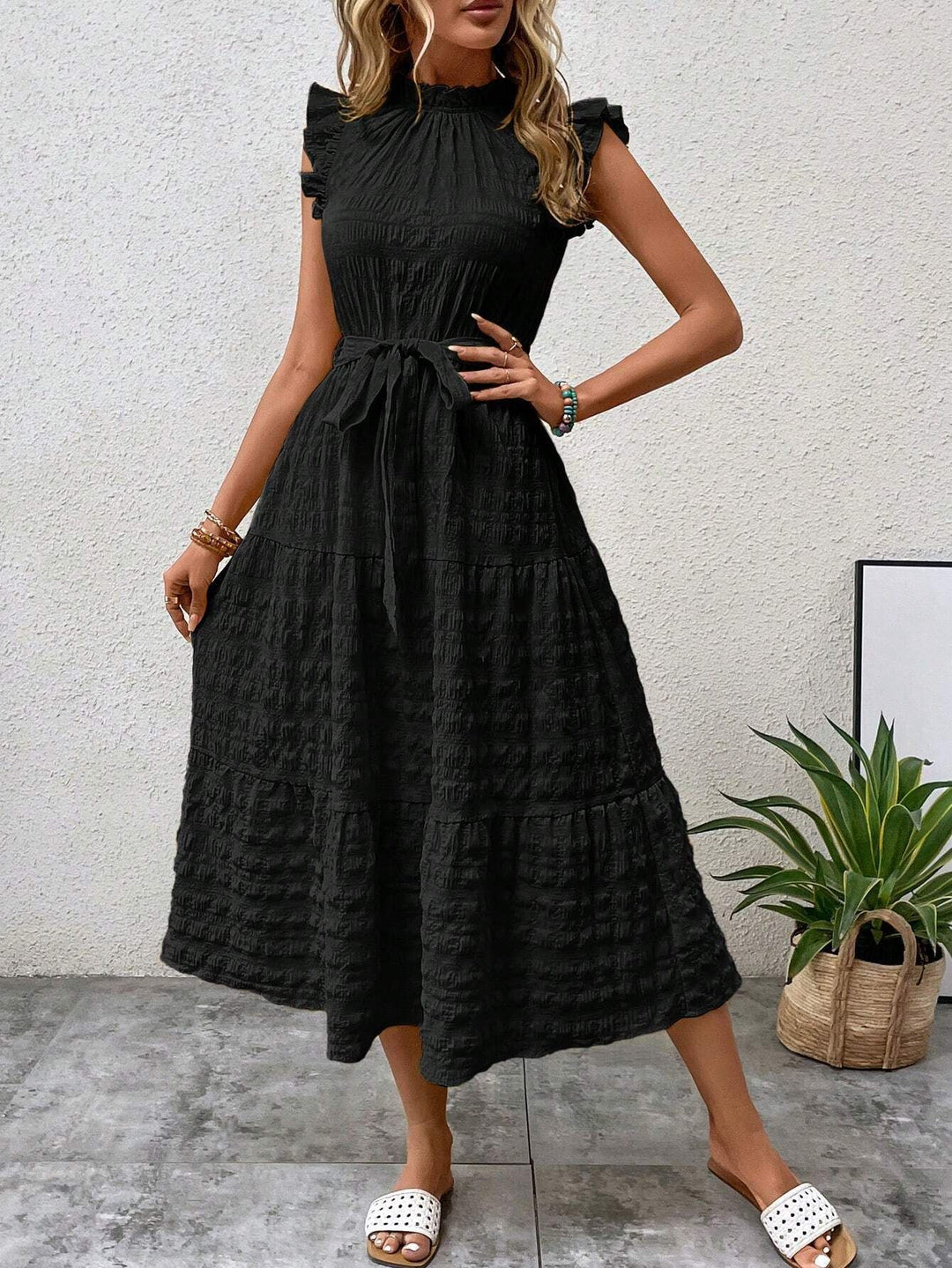 Damen Midi-Kleid mit Rüschenärmeln und Taillengürtel Drune