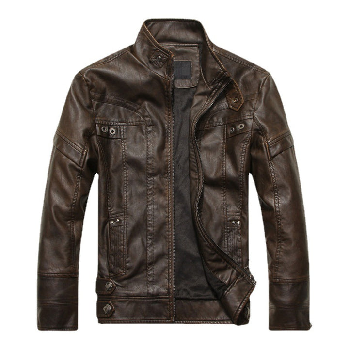 Herren Lederjacke im Bikerstil mit Stehkragen und Ziernähten Drune