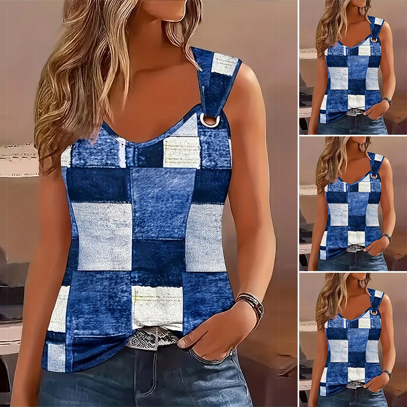 Damen nan ärmelloses Patchwork-Top mit D-Ring-Trägern und leicht asymmetrischem Saum Drune