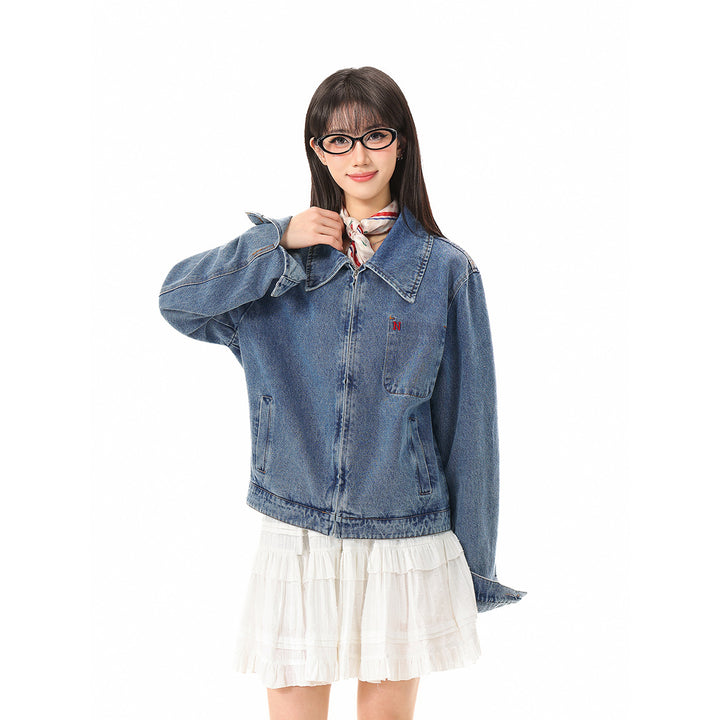 Damen Kurze Oversize-Denimjacke mit durchgehendem Reißverschluss und Brusttasche Drune