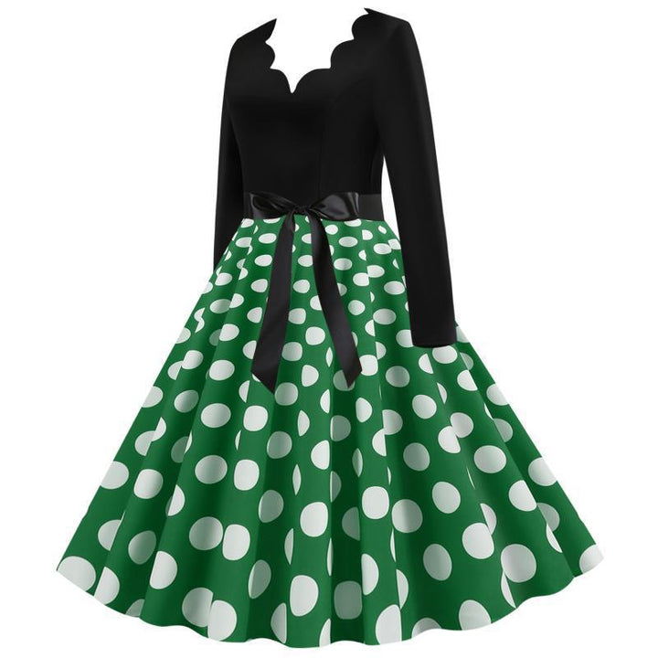 Damen Retro Swingkleid im Vintage-Stil mit welligem V-Ausschnitt, langärmliger Oberteil, Polka-Dot Tellerrock und Satin-Taillengürtel Drune